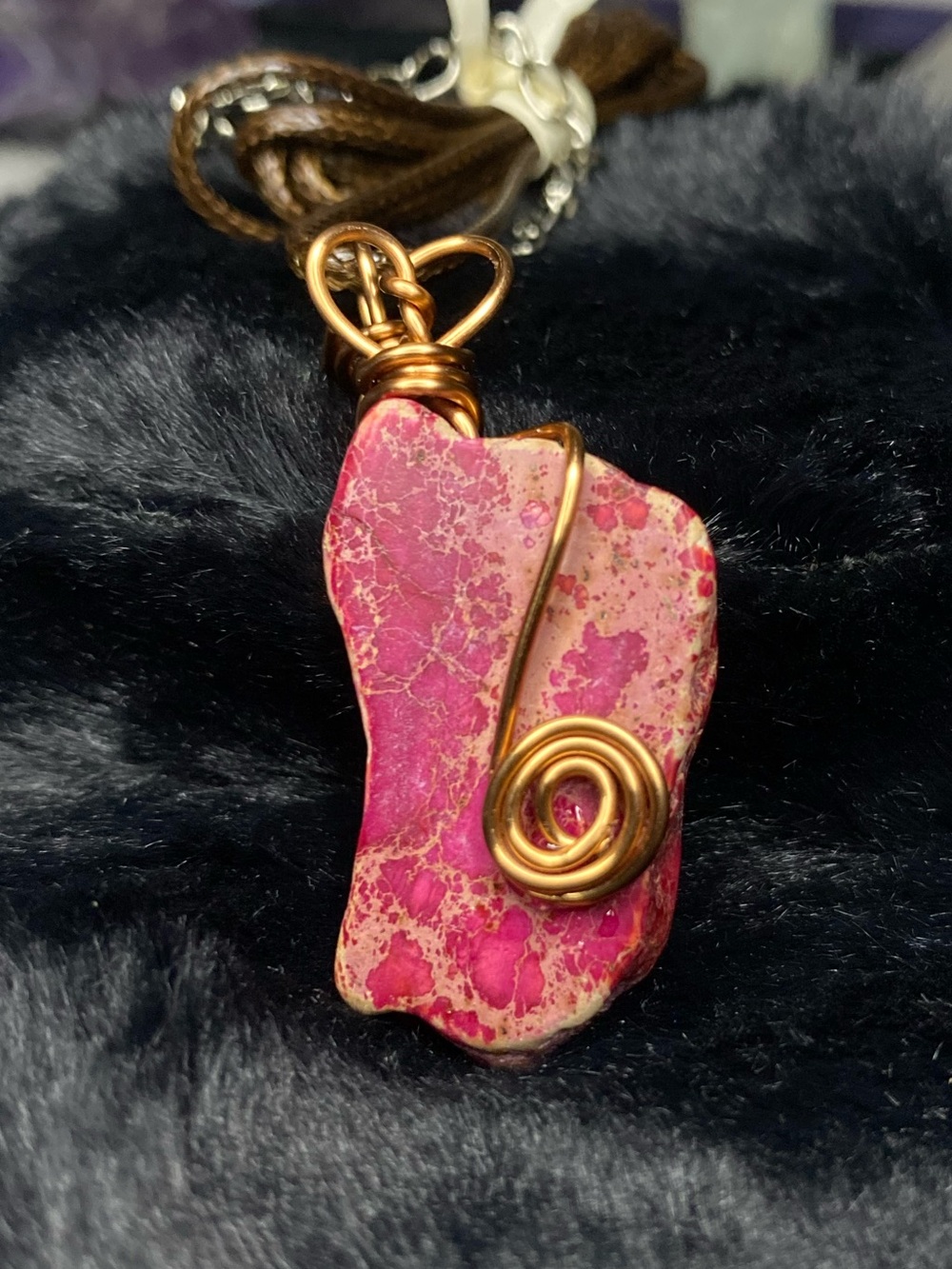 Handmade Pink Jasper Stone Pendant Necklace with Copper Wire Wrap